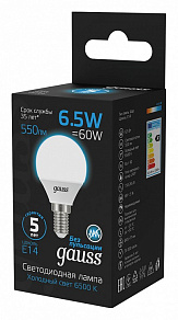 Лампа светодиодная Gauss Шар E14 6.5Вт 6500K 105101307