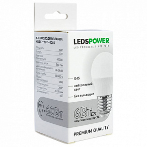 Лампа светодиодная LEDS POWER G45 E27 6Вт 4000K 006765