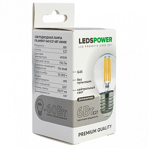 Лампа светодиодная LEDS POWER G45 E27 6Вт 4000K 007120