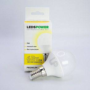 Лампа светодиодная LEDS POWER P45 E14 6Вт 3000K 006710