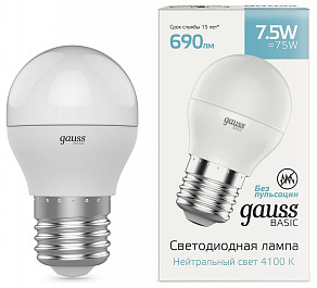 Лампа светодиодная Gauss Basic E27 7.5Вт 4100K 1053228