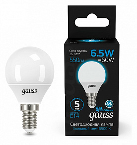 Лампа светодиодная Gauss Шар E14 6.5Вт 6500K 105101307