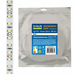 Лента светодиодная Volpe ULS-Q330 ULS-Q330 2835-120LED/m-8mm-IP20-DC12V-9,6W/m-5M-3000K катушка в герметичной упаковке
