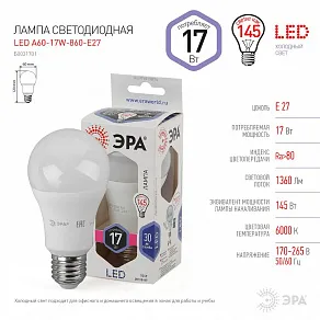 Лампа светодиодная Эра Стандарт E27 17Вт 6000K LED A60-17W-860-E27