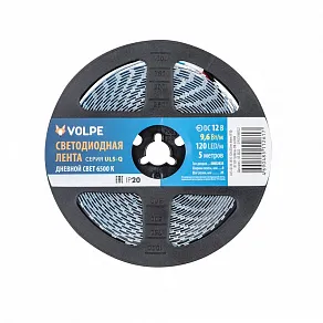 Лента светодиодная Volpe ULS-Q330 ULS-Q330 2835-120LED/m-8mm-IP20-DC12V-9,6W/m-5M-6500K катушка в герметичной упаковке
