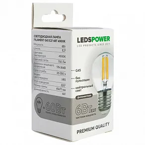 Лампа светодиодная LEDS POWER G45 E27 6Вт 4000K 007120