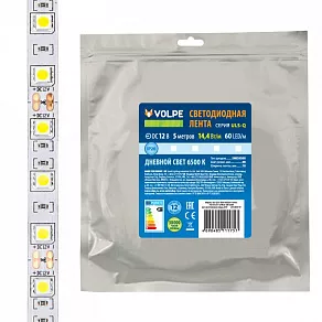 Лента светодиодная Volpe ULS-Q221 ULS-Q221 5050-60LED/m-10mm-IP20-DC12V-14,4W/m-5M-6500K катушка в герметичной упаковке