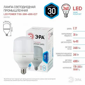 Лампа светодиодная Эра Стандарт E27 30Вт 4000K LED POWER T100-30W-4000-E27