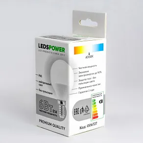 Лампа светодиодная LEDS POWER P45 E14 6Вт 4000K 006727