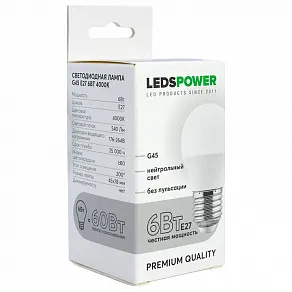 Лампа светодиодная LEDS POWER G45 E27 6Вт 4000K 006765
